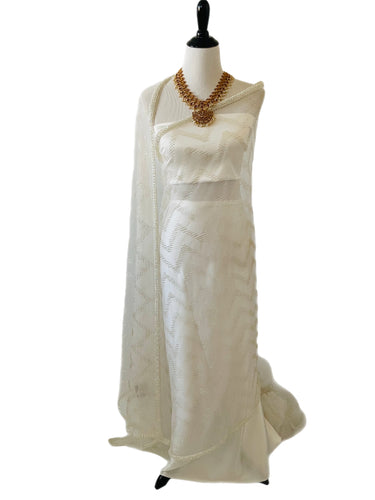 Handmade Premium Net Saree | Off-White | Hand Embroidery | Ships from California